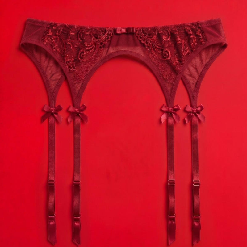 Red Lace Garter Belt with Sheer Panels
