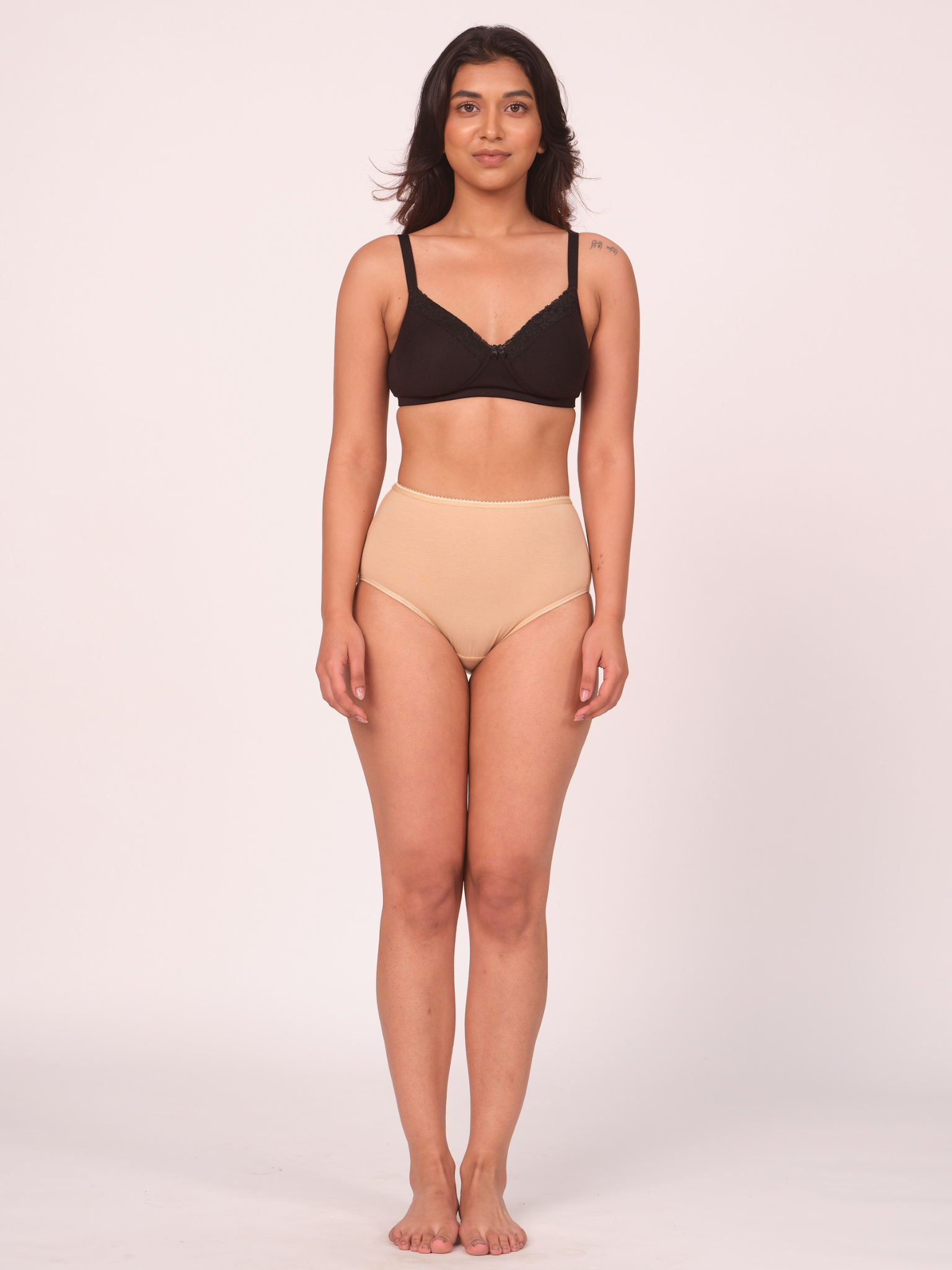 Munns & Mars Lingeries Set- T-shirt Bra (Black) & Full Coverage Panty (Beige)
