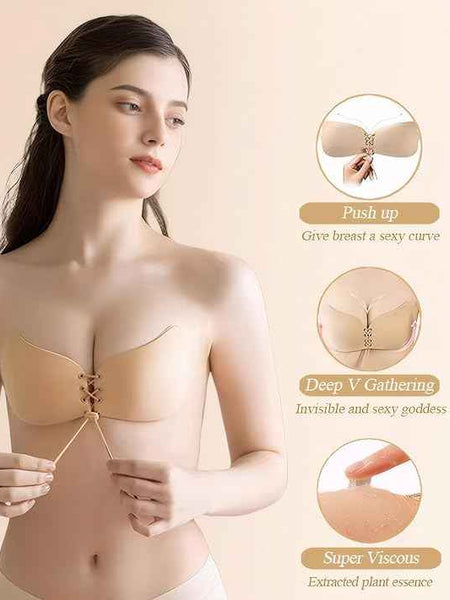 Brachy Pack Of 2 Black And Nude Women Self-Adhesive Strapless Push-Up Silicone Plunge Bra