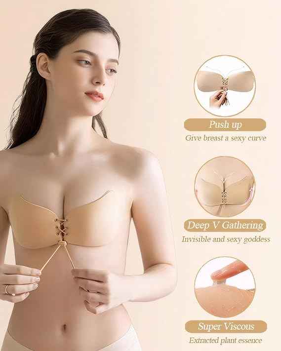 Brachy Pack Of 2 Black And Nude Women Self-Adhesive Strapless Push-Up Silicone Plunge Bra