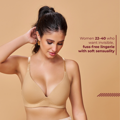 MAROON Nude Seamless Padded Non-Wired Full Coverage Plunge Bra for Women