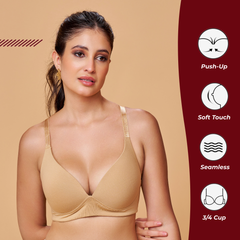 MAROON Nude Seamless Padded Non-Wired Full Coverage Plunge Bra for Women
