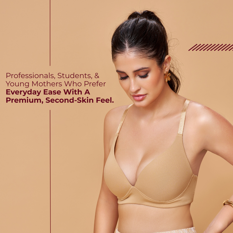 MAROON Nude Seamless Padded Non-Wired Full Coverage Plunge Bra for Women