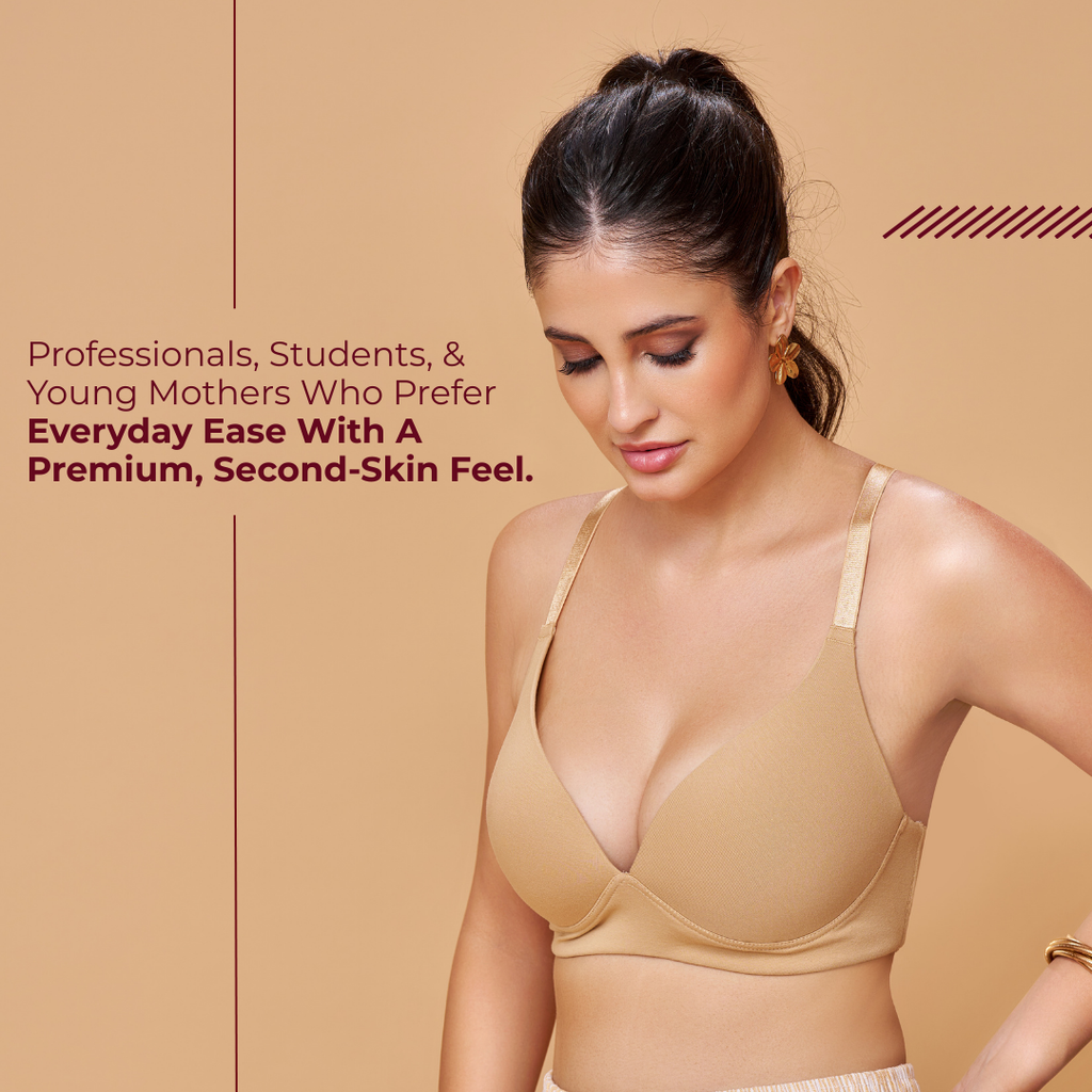MAROON Nude Seamless Padded Non-Wired Full Coverage Plunge Bra for Women