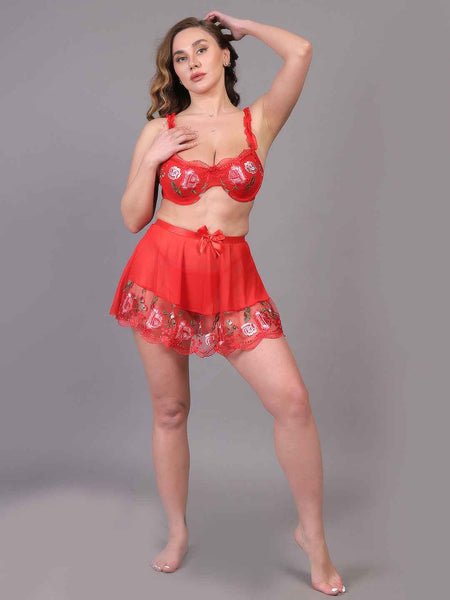 Brachy Women Hot Red Valentines Self Design Nightwear Baby Doll Lingerie