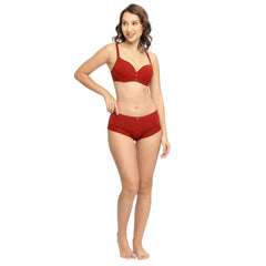 SOIE Woman - Medium Coverage Padded Wired Lacy Bra with Mid Rise Medium Coverage Lace Shorty Cheeky Panty - -for Women