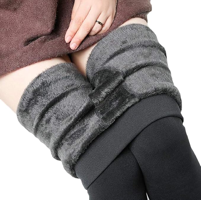 "Women Grey Solid Footed Thermal Bottom Thick Fur Thermal Tights Stockings - Brachy"