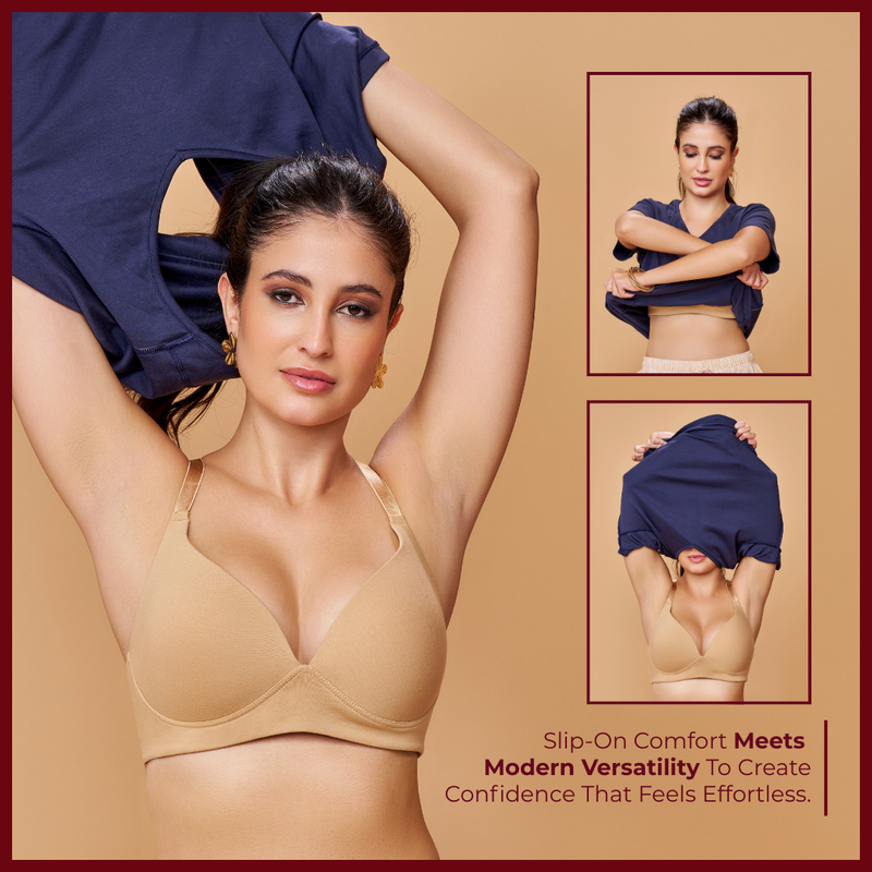 MAROON Nude Seamless Padded Non-Wired Full Coverage Plunge Bra for Women