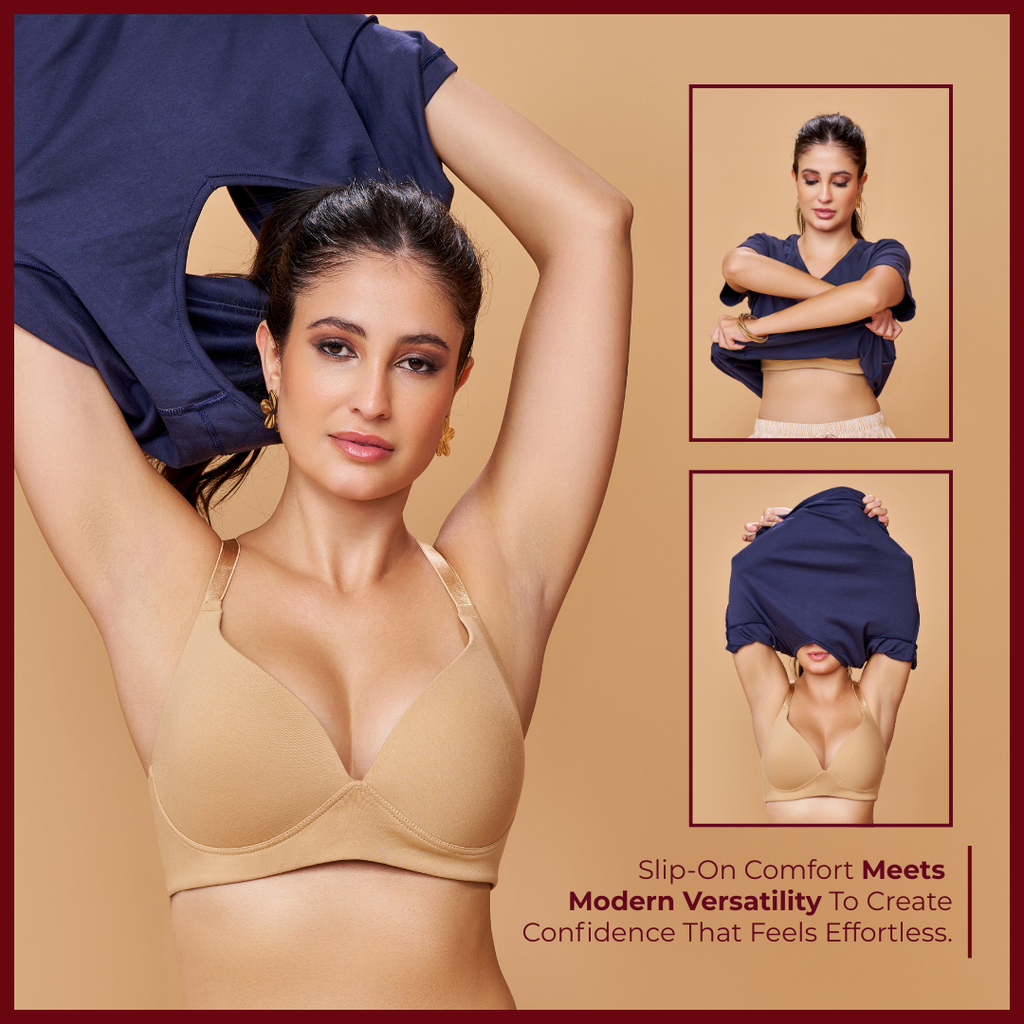 MAROON Nude Seamless Padded Non-Wired Full Coverage Plunge Bra for Women