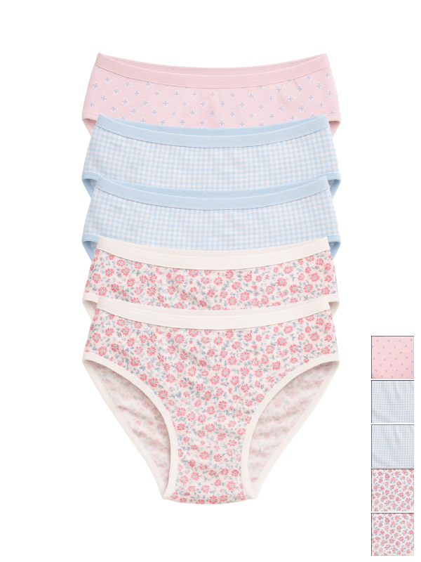 Mid Waist Hipster Panty Bundle With Outer Elastic - (2 Floral, 2 Checks, 1 Polka Dots)