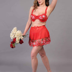 Brachy Women Hot Red Valentines Self Design Nightwear Baby Doll Lingerie