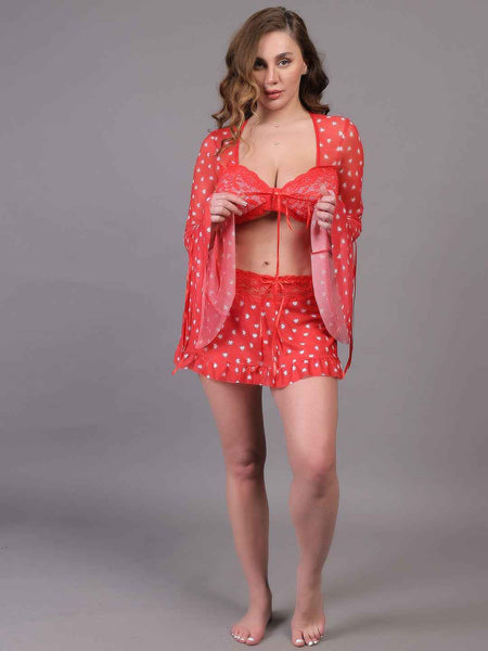 Brachy Women Hot Red Self Design Nightwear Baby Doll Lingerie