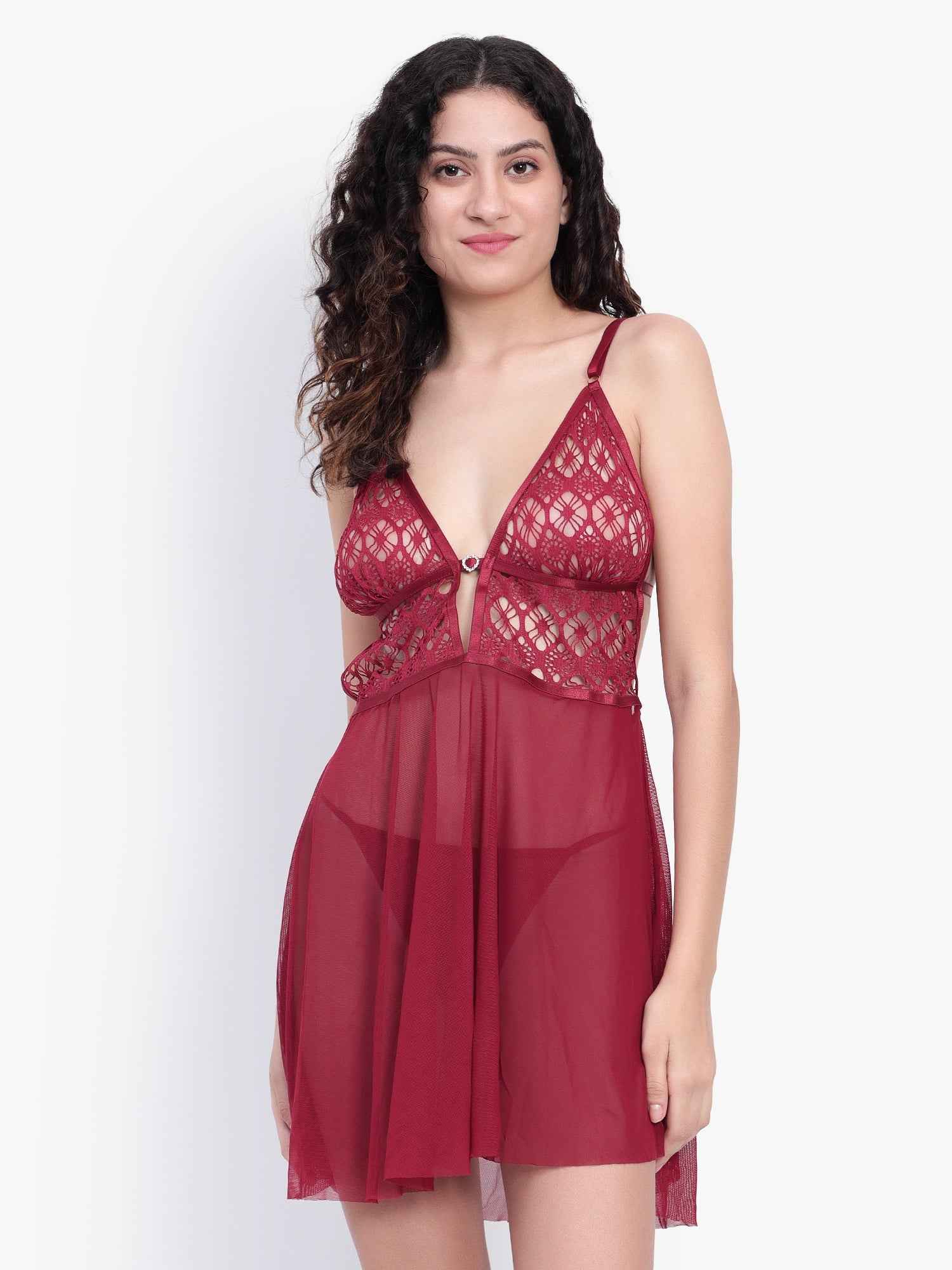 Women Maroon Net Lace Baby Doll Lingerie Set