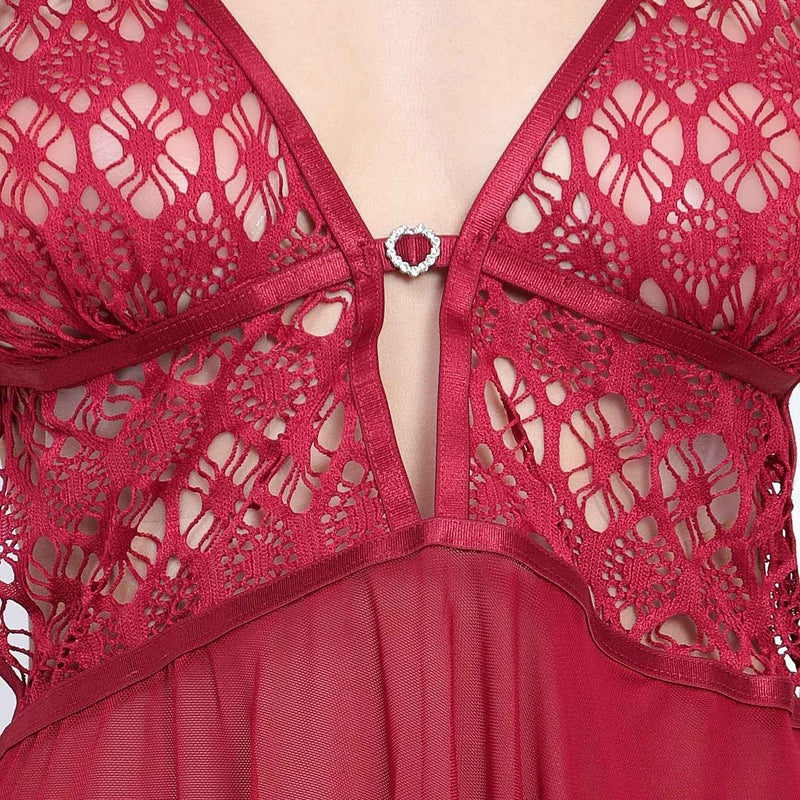 Women Maroon Net Lace Baby Doll Lingerie Set