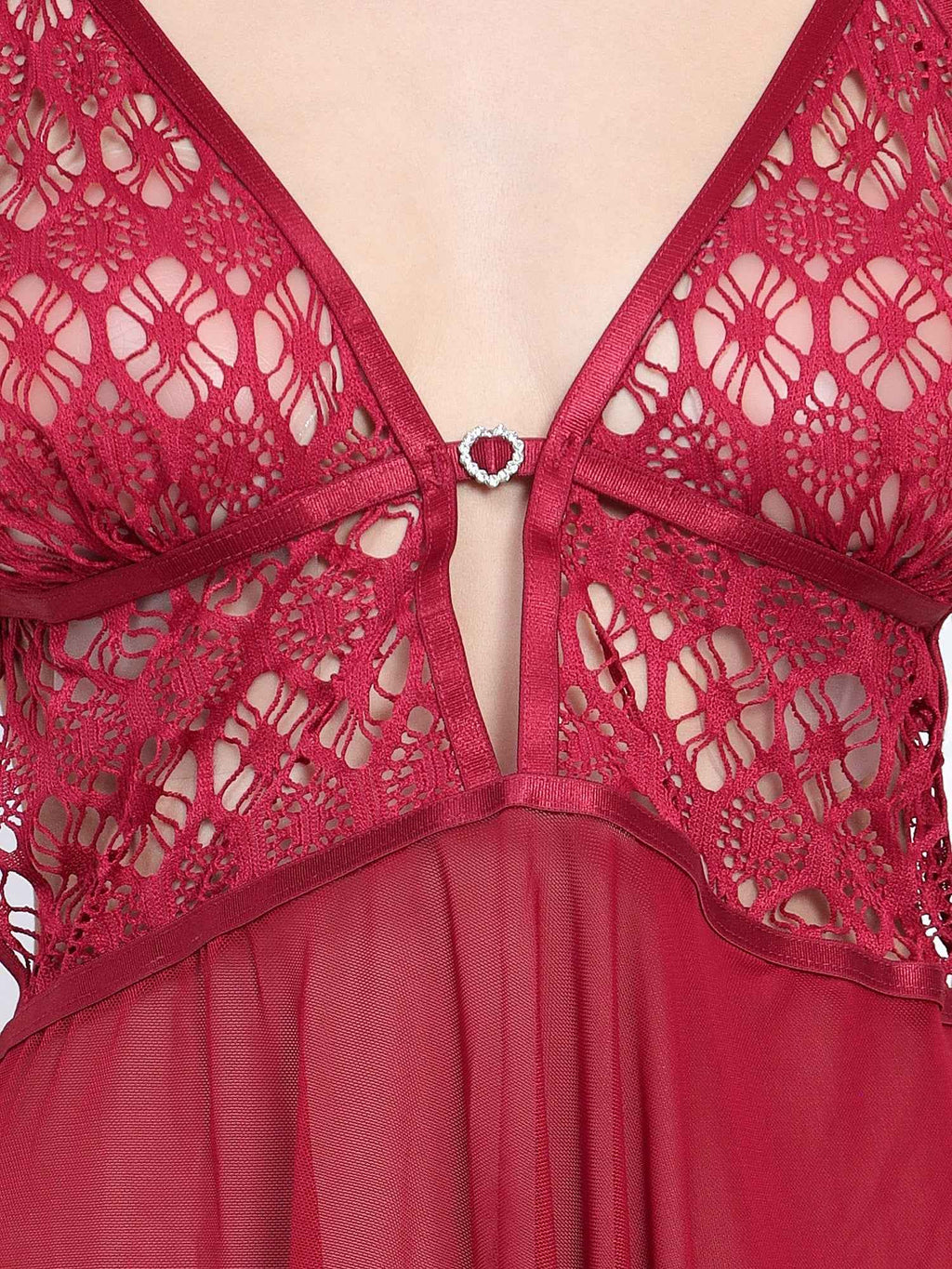 Women Maroon Net Lace Baby Doll Lingerie Set