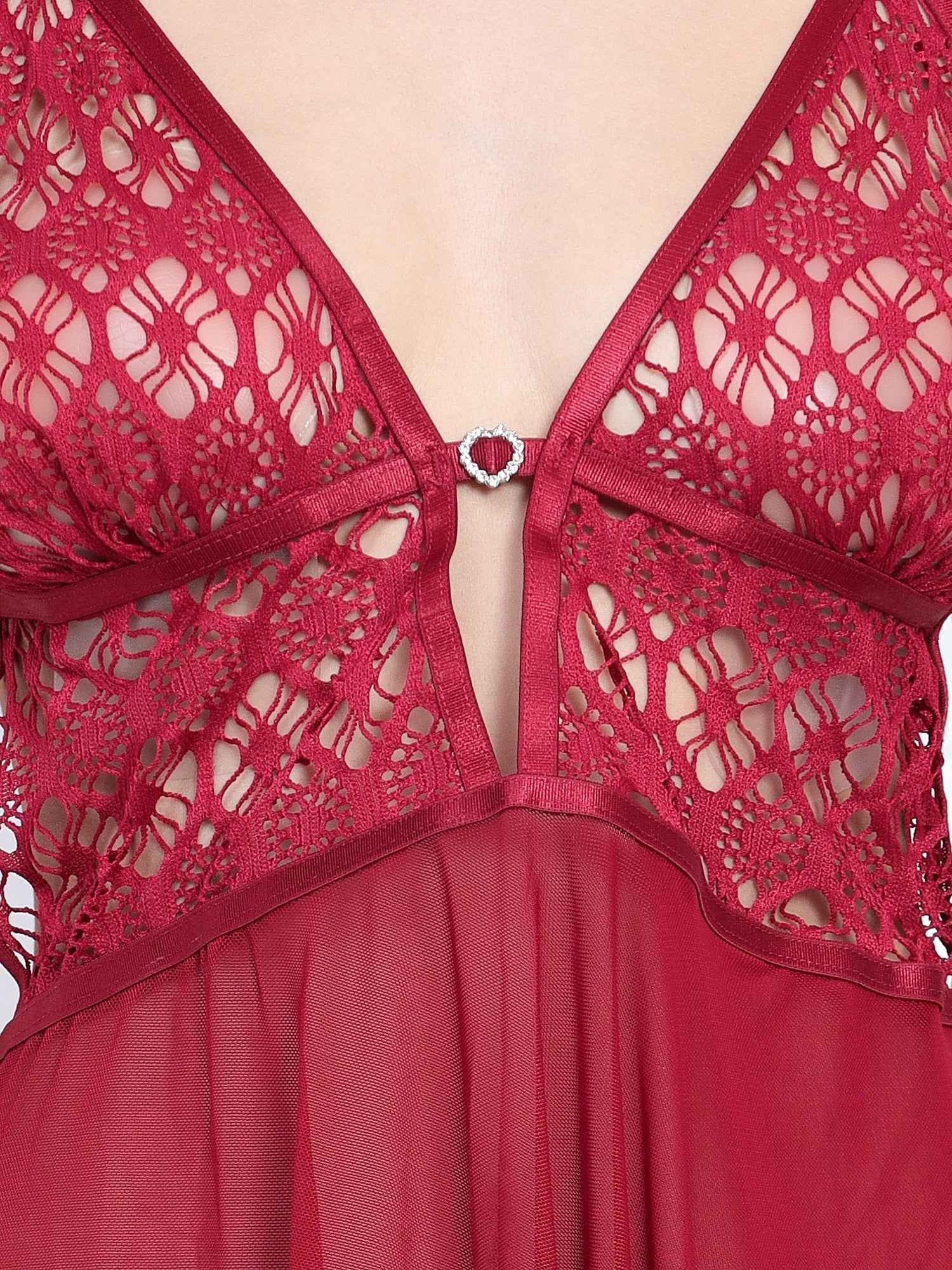 Women Maroon Net Lace Baby Doll Lingerie Set