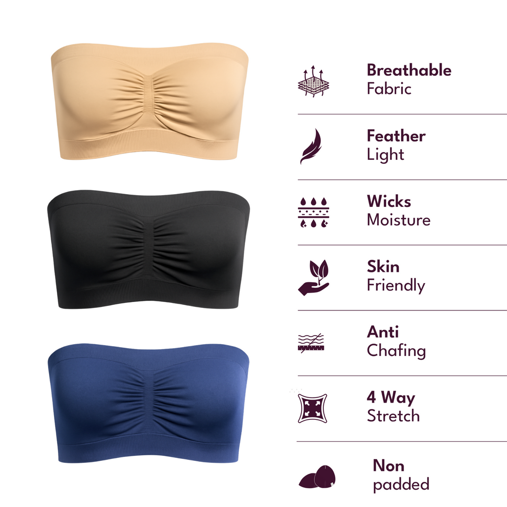 Munns & Mars Bundle of Seamless Non-Padded Tube Bra Combo Black-Blue-Beige