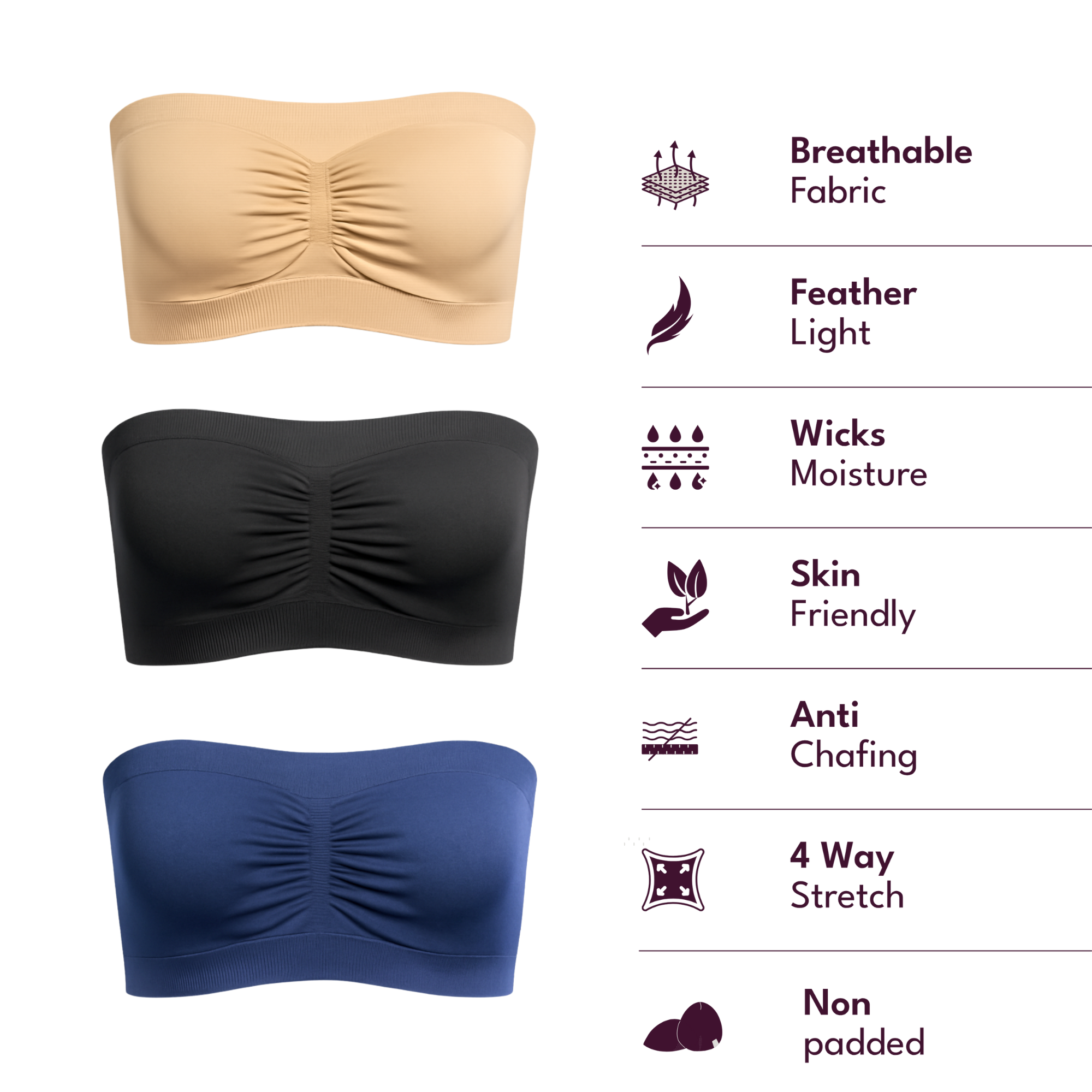 Munns & Mars Bundle of Seamless Non-Padded Tube Bra Combo Black-Blue-Beige