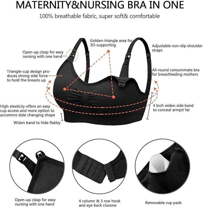 Women Organic Antimicrobial Soft Feeding Full Bust Seamless Nursing, Breastfeeding Maternity Bra with Remove Pads Pack of 3