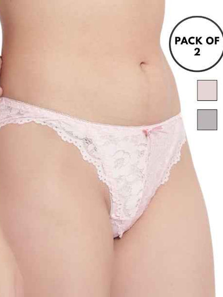 Set Of 2 Peach & Grey Mid-Rise Net Self Design Panties Bikini Briefs