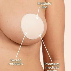 Illustration of a nipple cover with labeled features on a beige background