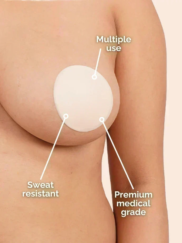 Illustration of a nipple cover with labeled features on a beige background