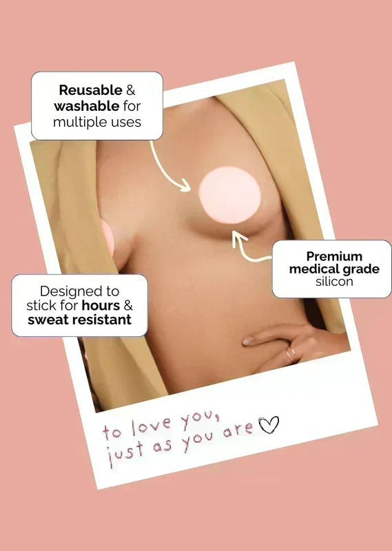 Product advertisement with text about reusable and washable design, premium medical grade silicon, and sweat resistance on a pink background.