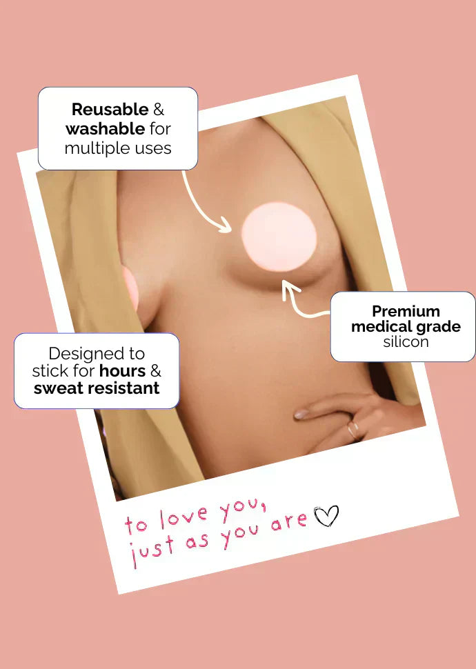 Product advertisement with text about reusable and washable design, premium medical grade silicon, and sweat resistance on a pink background.