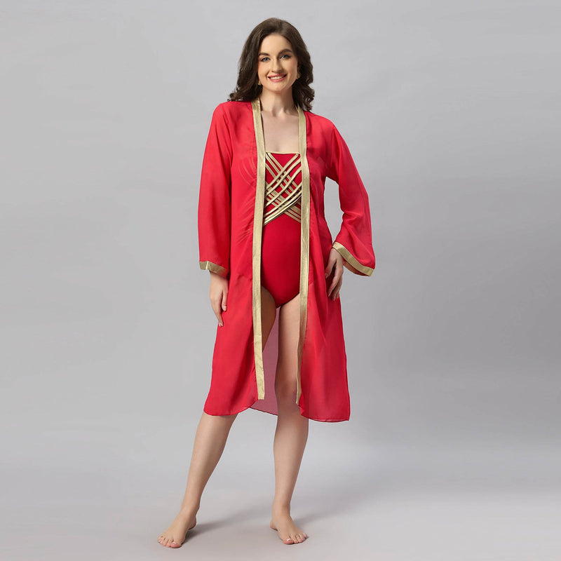 SOIE Woman - Full Bell Sleeves Front Open Metallic Gold Robe Cover Up - -for Women