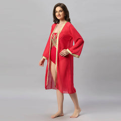 SOIE Woman - Full Bell Sleeves Front Open Metallic Gold Robe Cover Up - -for Women
