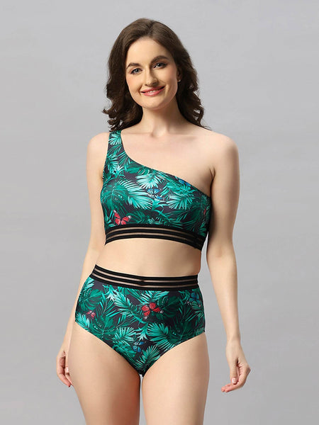 SOIE Woman - One-shoulder Tropical Print Bikini Set Swimsuit - -for Women