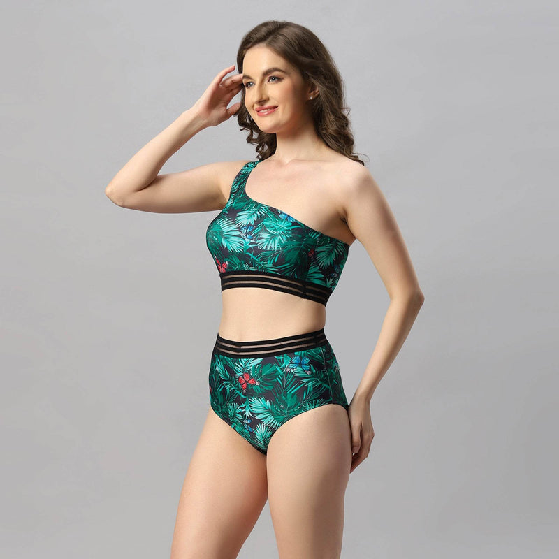 SOIE Woman - One-shoulder Tropical Print Bikini Set Swimsuit - -for Women