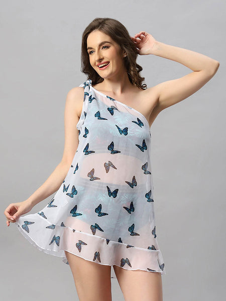 SOIE Woman - One Shoulder Butterfly Print White Cover Up Dress - -for Women
