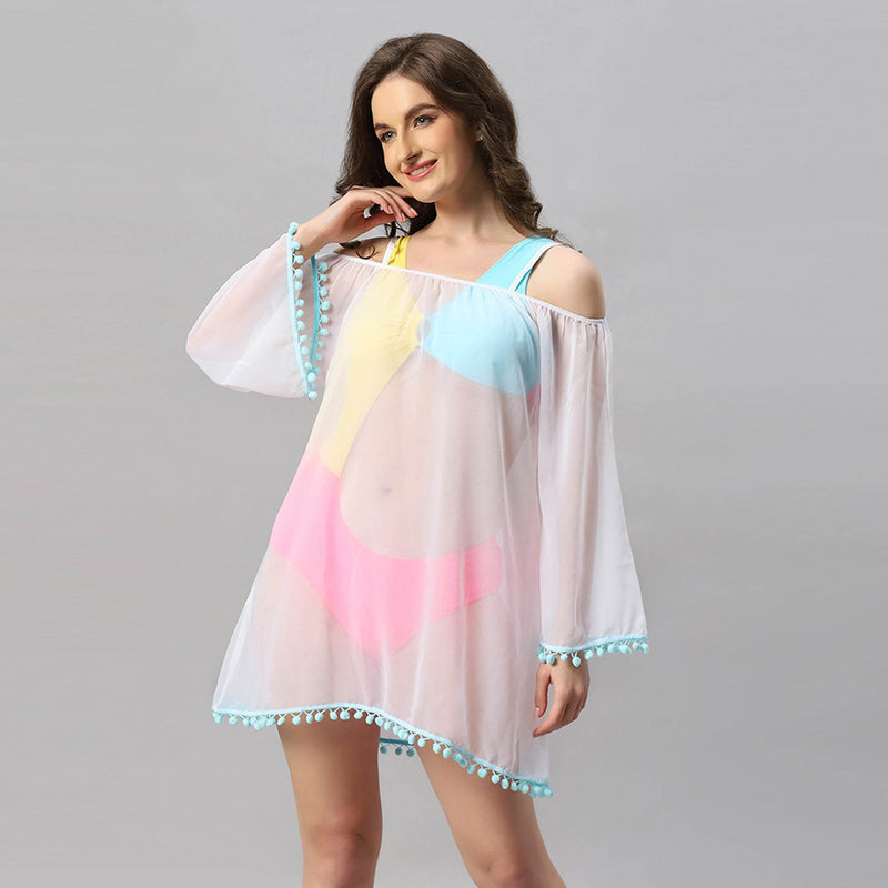 SOIE Woman - Full Sleeves Off Shoulder Pom-Pom Cover Up Dress - -for Women