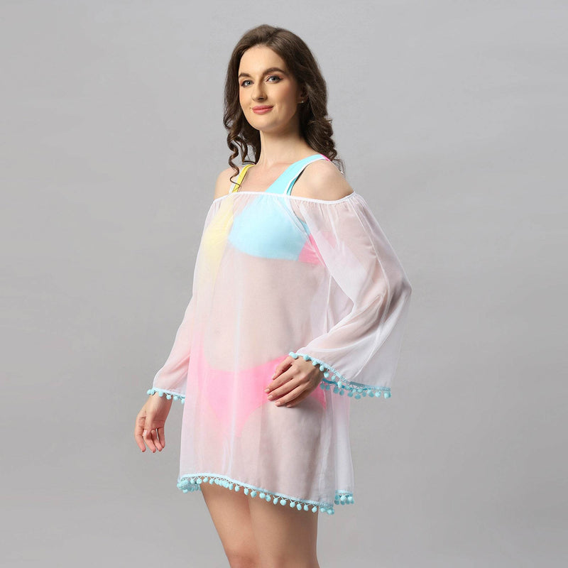 SOIE Woman - Full Sleeves Off Shoulder Pom-Pom Cover Up Dress - -for Women