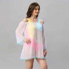 SOIE Woman - Full Sleeves Off Shoulder Pom-Pom Cover Up Dress - -for Women