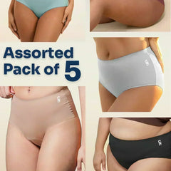 Multi-panel collage showing five different colors of mid-waist briefs blue, pink, grey, beige, and black with an 