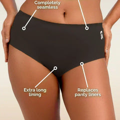 Black underwear with text highlighting features on a beige background