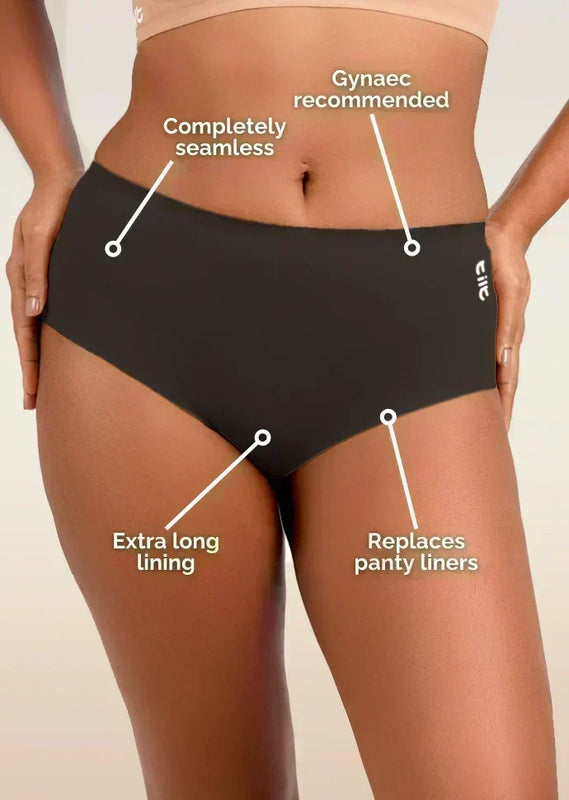 Black underwear with text highlighting features on a beige background