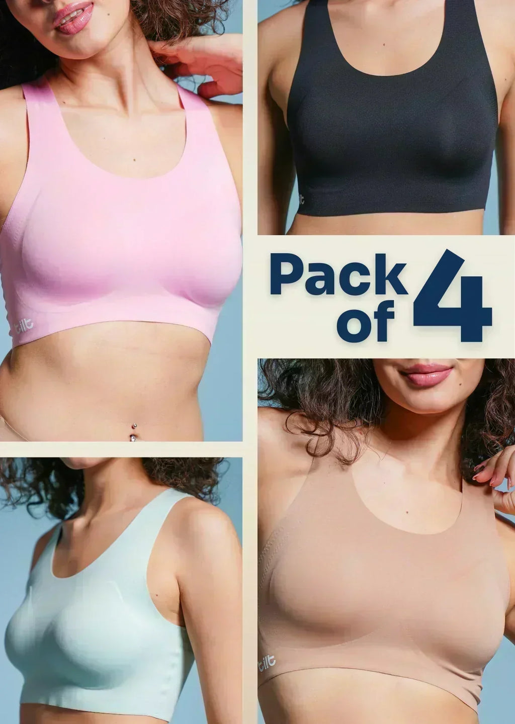 collage of four sports bras in different colors with 'Pack of 4' text.