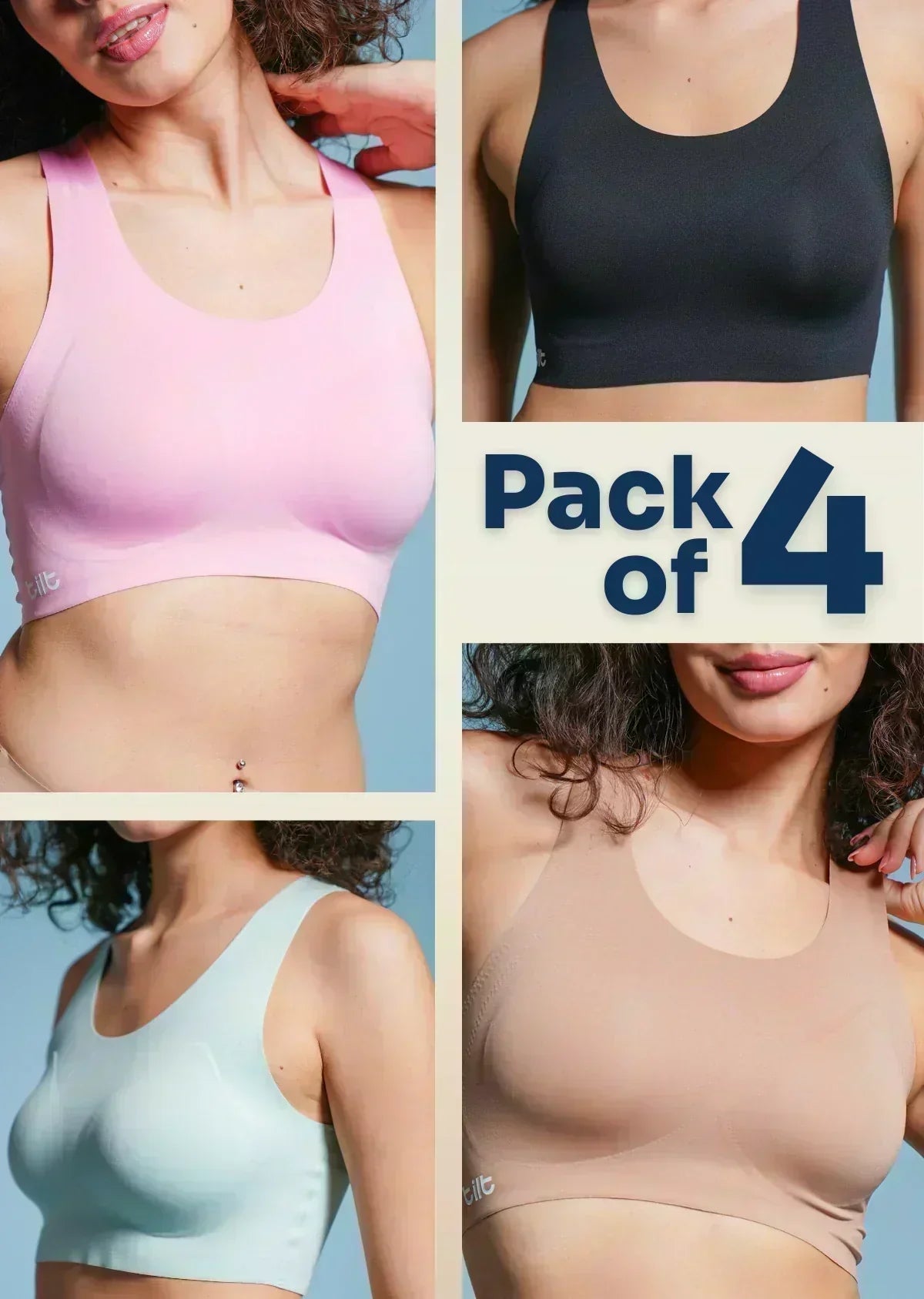 collage of four sports bras in different colors with 'Pack of 4' text.