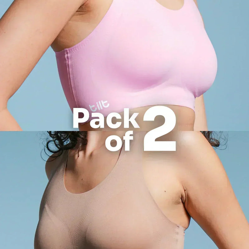 collage of Two bra worn by a person on a light blue background with pack of 2  text overlay.