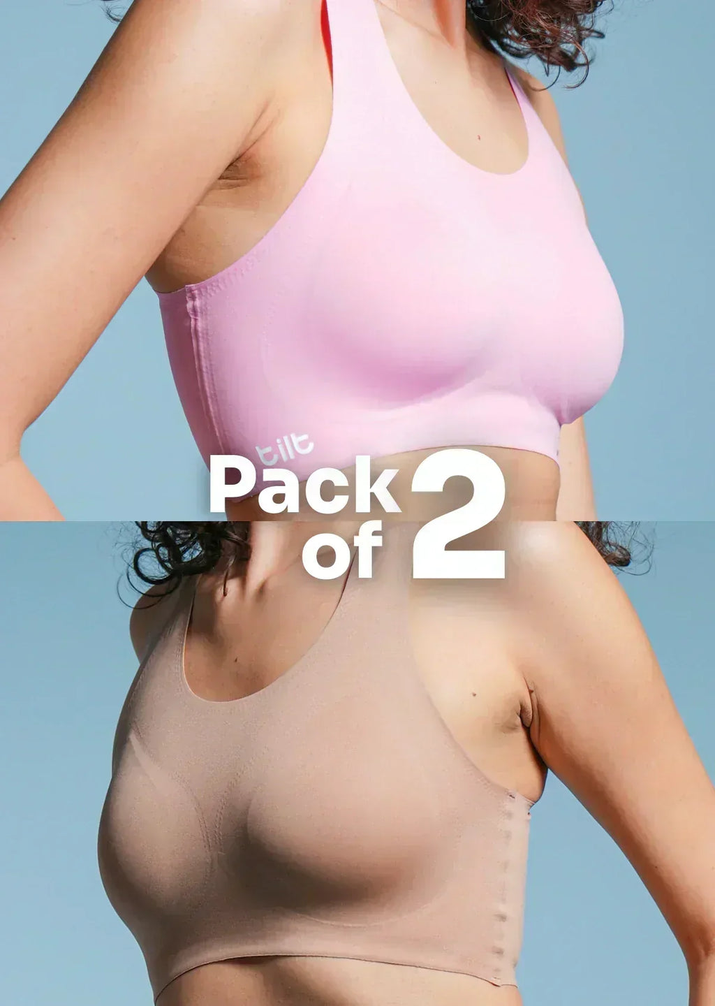collage of Two bra worn by a person on a light blue background with pack of 2  text overlay.