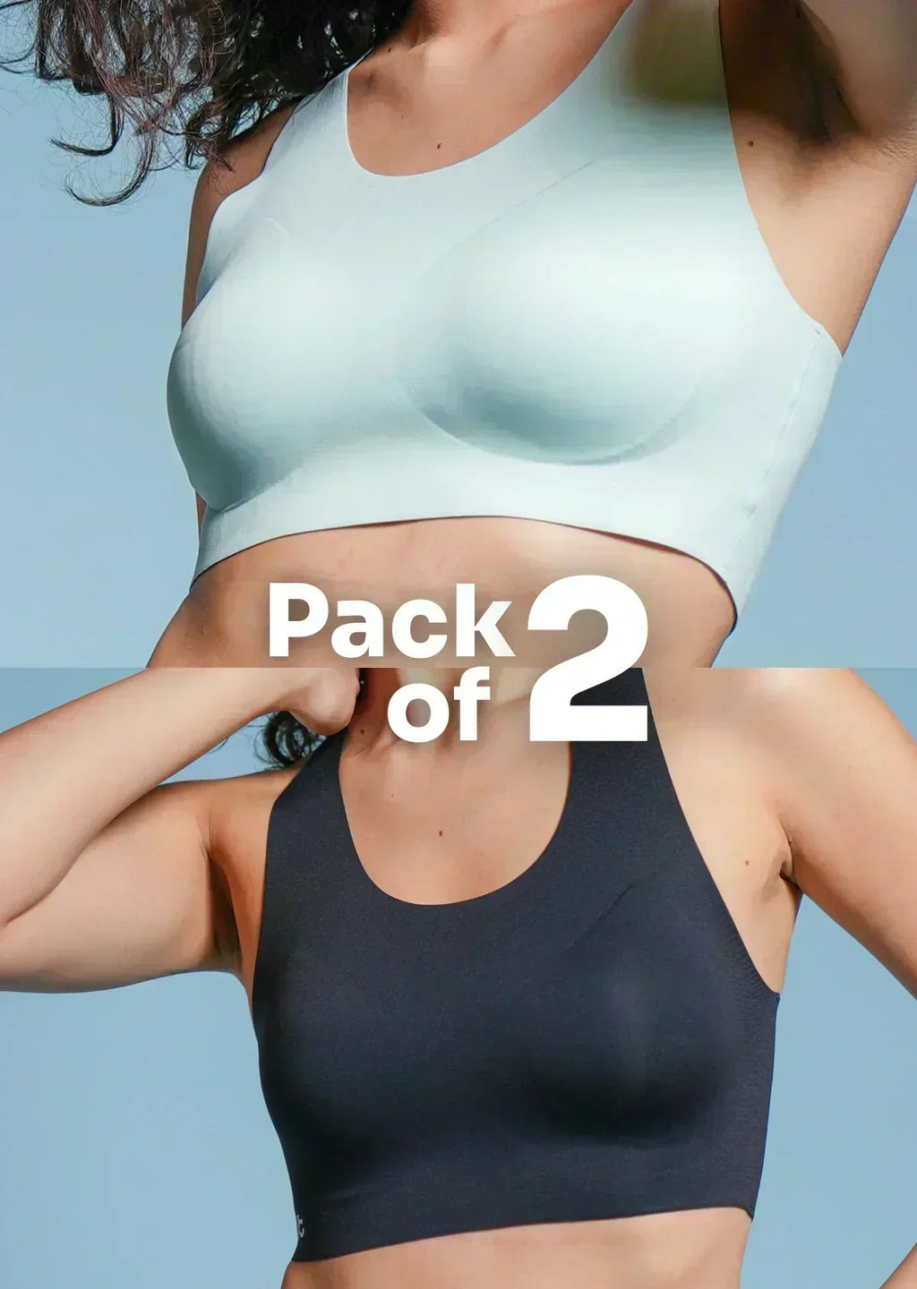 Two sports bras, one blue and one black, on a plain background with 'Pack of 2' text.