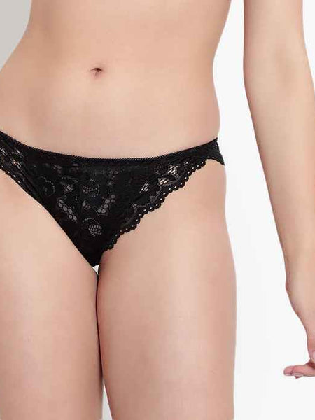 Black Low Waist Sheer Bikini Panties - Lace