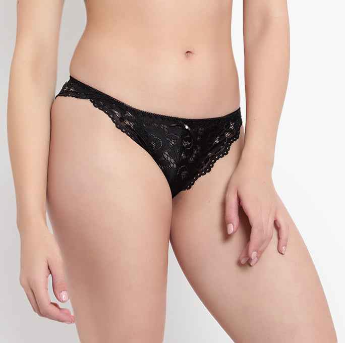 Black Low Waist Sheer Bikini Panties - Lace