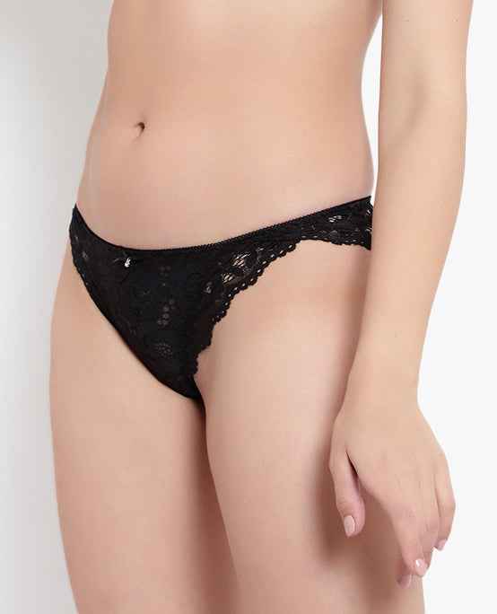 Black Low Waist Sheer Bikini Panties - Lace