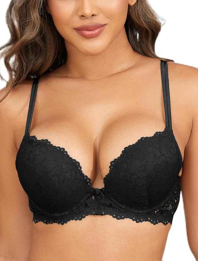Black Lace Underwired Heavily Padded Push-Up Bra