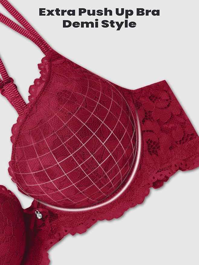 Wine Lace Underwired Heavily Padded Push-Up Bra