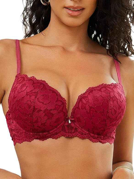 Wine Lace Underwired Heavily Padded Push-Up Bra